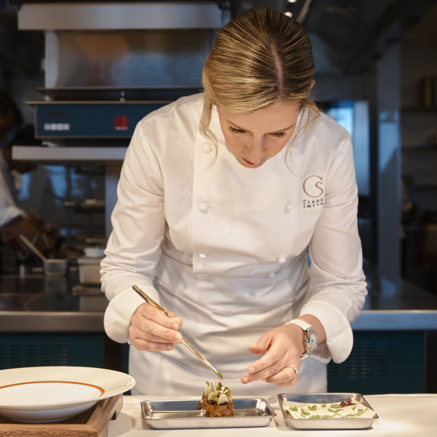 “I love humble ingredients,” says Clare Smyth, pictured in the Oncore kitchen. “I love the challenge of someone saying, ‘Well, that’s just an onion,’ and then making something spectacular from that onion.”  