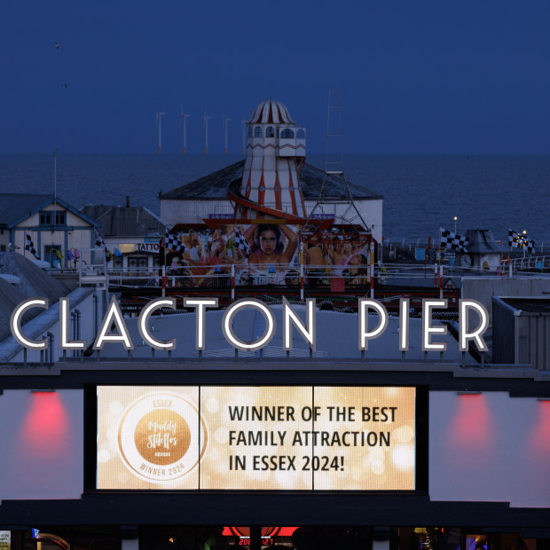 A view over the pier with windfarms in the background in Clacton-on-Sea.