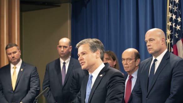 Christopher Wray, director of the Federal Bureau of Investigation (FBI), speaks at a press conference announcing charges against Huawei.