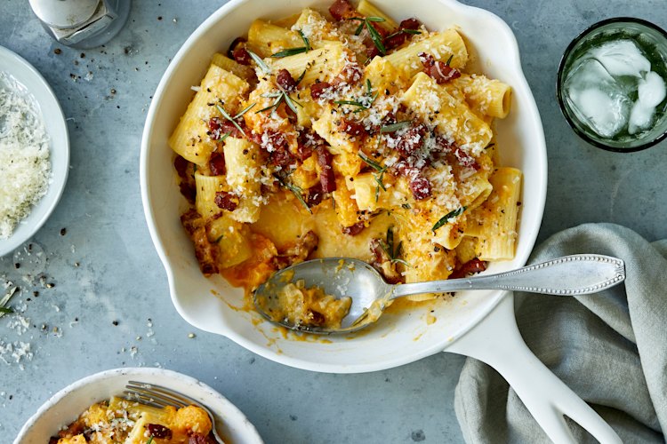 Adam Liaw’s rigatoni with pumpkin cream, rosemary and bacon.
