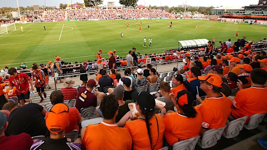 Almost 10,000 squeezed into Dolphin Stadium at Redcliffe to see the Roar play Melbourne City in November last year.