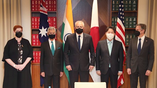 Australian Foreign Minister Marise Payne, Indian External Affairs Minister Subrahmanyam Jaishankar, Australian Prime Minister Scott Morrison, Japanese Minister for Foreign Affairs Hayashi Yoshimasa and US Secretary of State Antony Blinken at the Quad meeting in Melbourne last week.