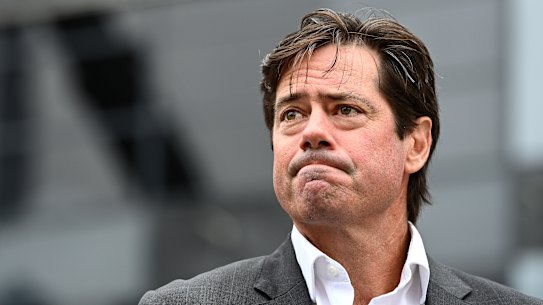 MELBOURNE, AUSTRALIA - FEBRUARY 28: AFL CEO Gillon McLachlan speaks to the media during a press conference at Marvel Stadium on February 28, 2022 in Melbourne, Australia. (Photo by Quinn Rooney/Getty Images)