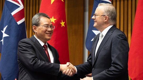 China’s Premier Li Qiang with Prime Minister Anthony Albanese in Canberra on Monday.