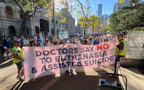 About 450 to 500 people gathered to protest the Queensland government’s proposed voluntary assisted dying bill.