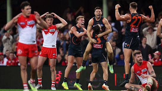Toby Greene celebrate his last-minute match-winning goal against the Swans at the SCG.