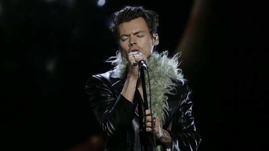 Harry Styles performing Watermelon Sugar at the Grammys on Monday. 