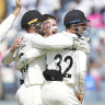 The final wicket: New Zealand players celebrates the dismissal of India’s Washington Sundar.