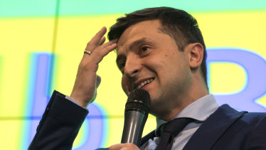 Ukrainian comedian Volodymyr Zelensky at a press conference after he won the presidential election.