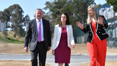 Corinne Mulholland, right, on the campaign trail with Anthony Albanese and Labor's Dickson candidate, Ali France.
