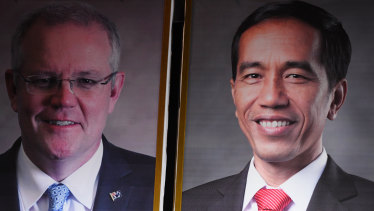 Concluding a trade deal: posters of Australian Prime Minister Scott Morrison (left) and Indonesian President Joko Widodo.