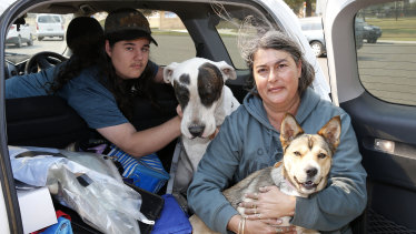 Sharon Ashby, son Nicholas and their two dogs Dexter and Cinnamon have been evacuated from their home in Old Bar Road.
