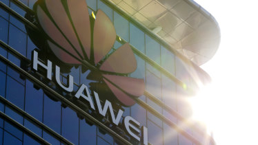 The logo of Huawei stands on its office building at the research and development centre in Dongguan in south China's Guangdong province.