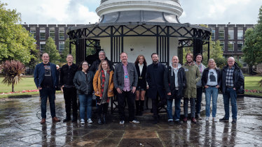 Students and staff members of the Beatles postgraduate program at the University of Liverpool, in England.