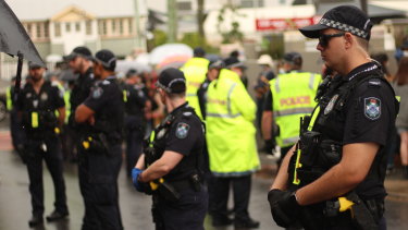 Police officers wearing ballistic vests at a Brisbane protest in August 2020. (File image)