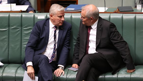 Deputy Prime Minister Michael McCormack and Prime Minister Scott Morrison during Question Time at Parliament House in Canberra on Tuesday 23 March 2021