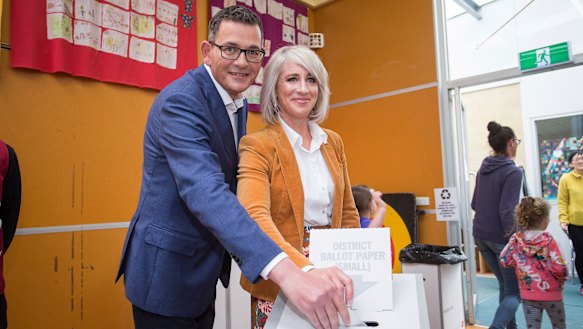Daniel Andrews and his wife Cath cast their votes in Mulgrave on Saturday morning. 