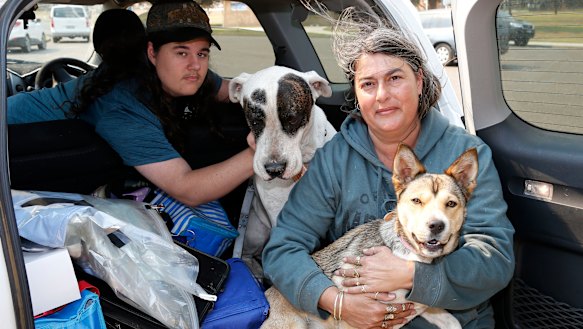 Sharon Ashby, son Nicholas and their two dogs Dexter and Cinnamon were evacuated from their home in Old Bar Road.