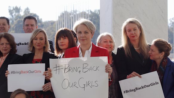 Australian MPs, including then shadow foreign minister Tanya Plibersek, centre, join the #bringbackourgirls campaign in 2014.