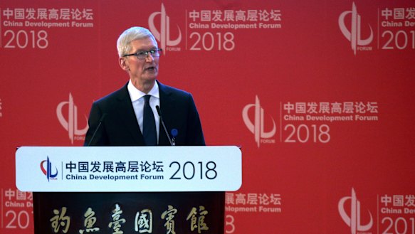 Tim Cook, Apple CEO,  at the opening ceremony of the China Development Forum held in Beijing, on Sunday.