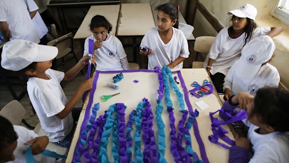 Palestinian children at the "school of tyres" in the Bedouin village of Khan al-Ahmar, which the state of Israel has scheduled for demolition.