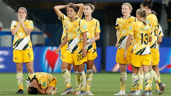 The disappointed Matildas react after losing the penalty shootout to Norway.