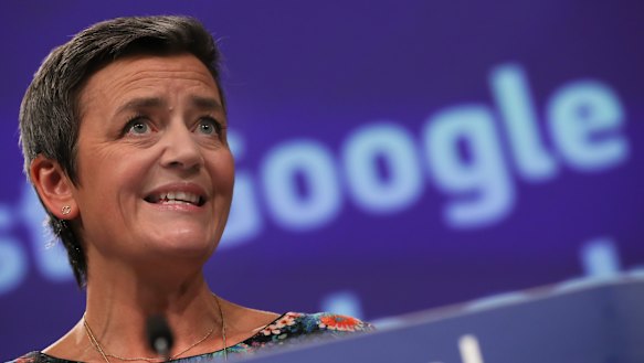 European Competition Commissioner Margrethe Vestager speaks during a media conference at EU headquarters in Brussels.