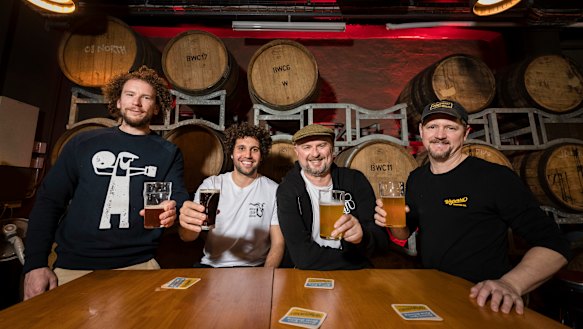 Inner West craft brewers celebrate the news: Chris Sidwa from Batch, Matt King from The Grifter, Richard Adamson from Young Henrys and Peter Phillip from Wayward Brewing Co, at Wayward.