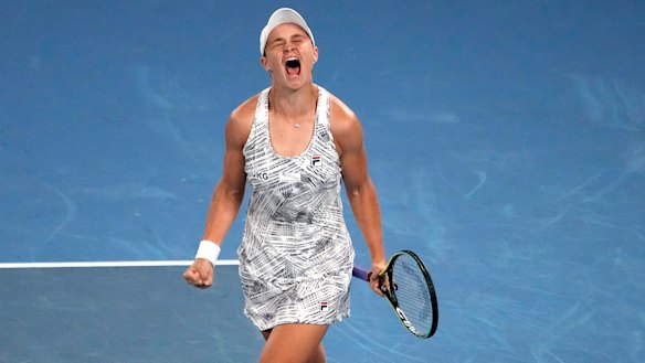 Ash Barty roars with delight after winning this year’s Australian Open women’s singles final.