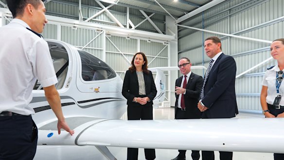 Alan Joyce visited Qantas’ new pilot school at Toowoomba with Queensland Premier Annastacia Palaszczuk and State Development Minister Cameron Dick.