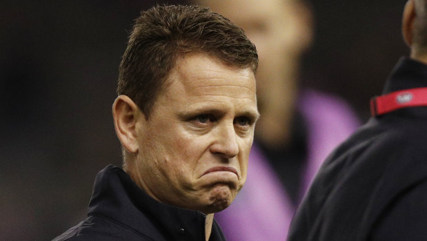Grumpy: Blues head coach Brendon Bolton makes his feelings clear after the loss to St Kilda.