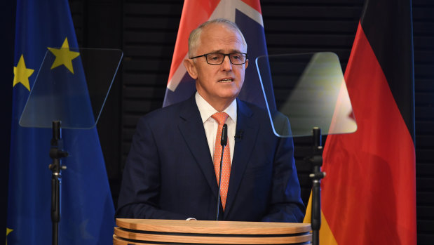 Mr Turnbull delivers a speech at the Konrad-Adenauer Stiftung in Berlin on Monday.