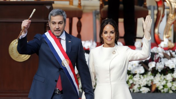 Paraguay's new President Mario Abdo Benitez, flanked by his wife Silvana Lopez, at his inauguration in Asuncion, last month.