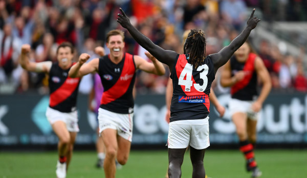 Bombers fans and teammates alike celebrated Anthony McDonald-Tipungwuti’s round one goal with gusto.