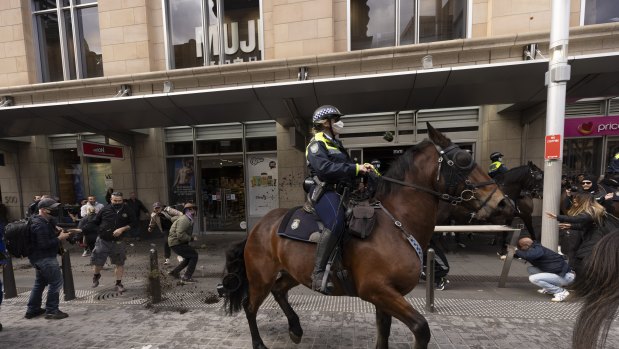 Mounted police were pelted with pot plants during last month’s protest.