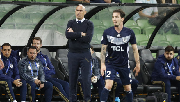 Coach Kevin Muscat watches on at AAMI Park on Tuesday night.
