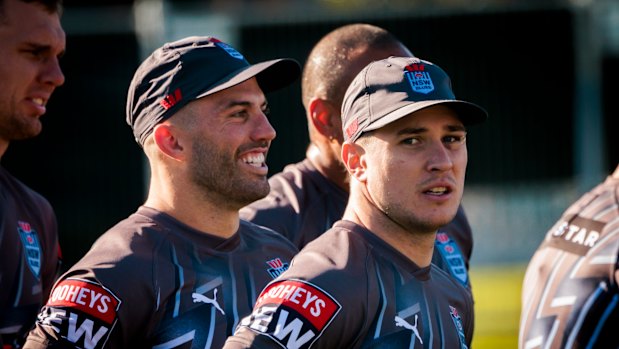 Best mates James Tedesco and Mitchell Moses in Blues camp on Wednesday.