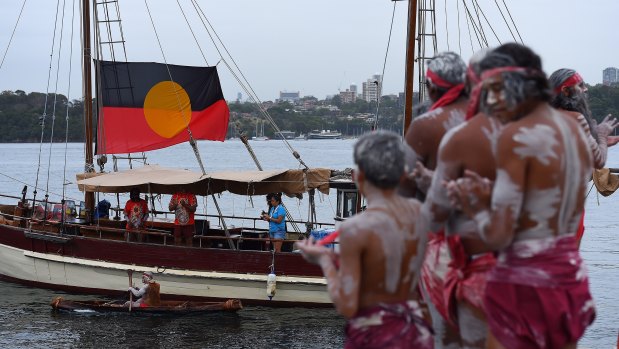 The fire arrives in Marrinawi Cove as part of the WugulOra ceremony at Barangaroo in 2018.