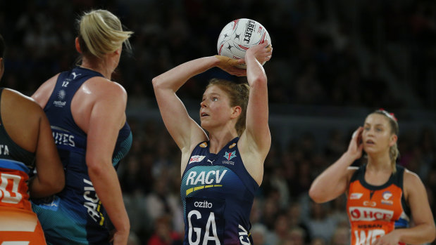 Sharp shooter: Vixen Tegan Philip lines up an attempt on goal during the round 2 match against the Giants at Melbourne Arena on Sunday.