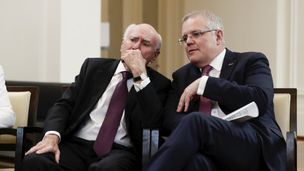 John Howard and Scott Morrison at the opening of the UNSW Howard Library at Old Parliament House on Tuesday.