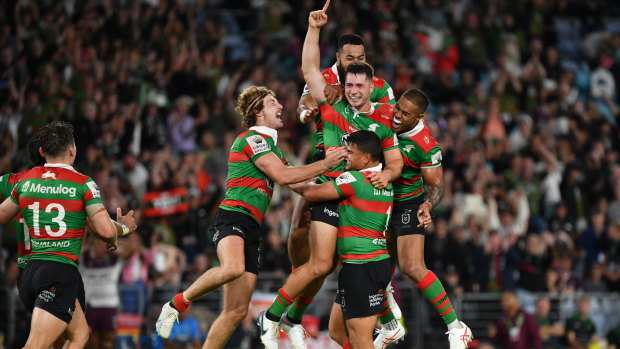 The Rabbitohs celebrate Lachlan Ilias’ match-winning field goal against Manly.
