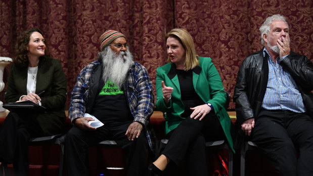 Mr Sumner at a Mayo candidates forum - with Liberal candidate Georgina Downer, Centre Alliance candidate Rebekha Sharkie and Labor's Reg Coutts - last week.