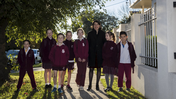Premier Gladys Berejiklian with children from Willoughby Public School ahead of Walk Safely to School day on Friday. 