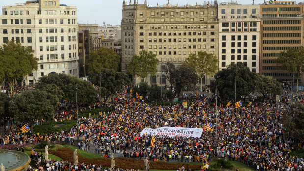 Thousands gather at Catalonia square in Barcelona, Spain, on Monday.