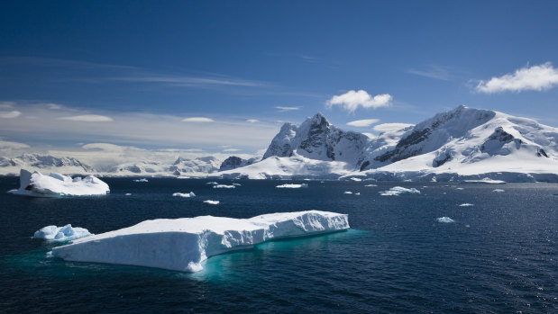 A tabular iceberg floating within Paradise Harbour, Antarctica, in the Southern Ocean.