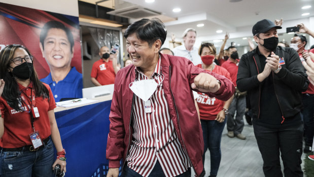 Ferdinand “BongBong” Marcos jnr arrives at his campaign headquarters in Manila late on Monday night.