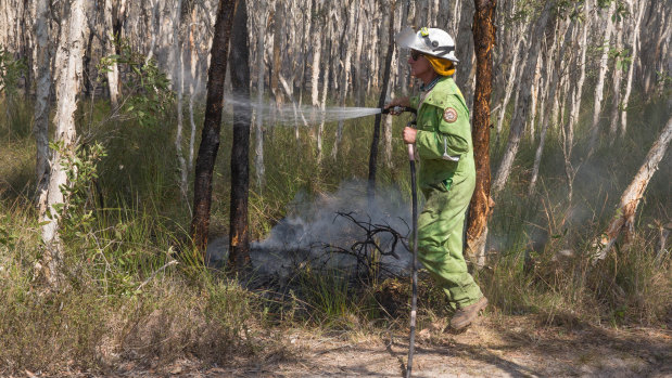 Firefighters extinguish spot fires in the suburb of Noosa North Shore.