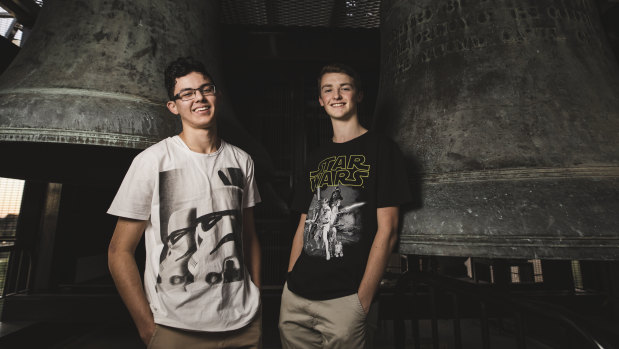 Teenage carillonists Harrison Whalan, 16 (left), and Peter Bray, 18 (right) are playing an hour-long Star Wars concert on the the National Carillon on Friday.
