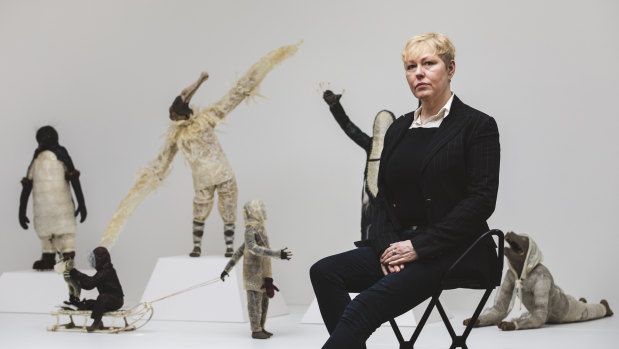 Sydney sculptor Linde Ivimey with her work from National Portrait Gallery winter exhbition 'So Fine'.