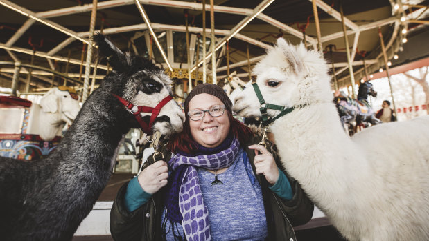 Alpacas Hercules and Mimosa with Therapy Alpacas co-founder Stephanie Dean.